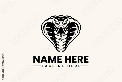Black and white illustration of a cobra's head with a placeholder text for a logo or brand name on a beige background.
