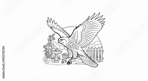 Bird of prey swoops towards a birdbath with roses and fence