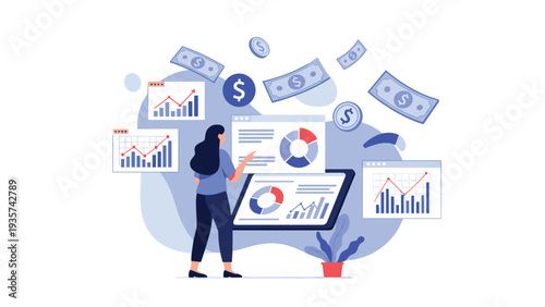 Financial growth and wealth management where a woman analyzes various charts while money bills and coins fall from above.