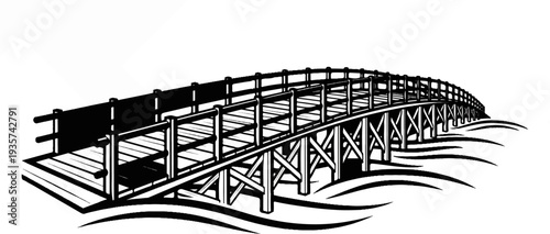 A black and white illustration of an arched wooden footbridge over stylized waves