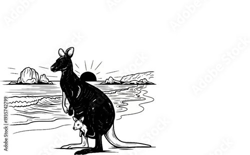 A black kangaroo and joey on a beach with sunrise and rocky coastline