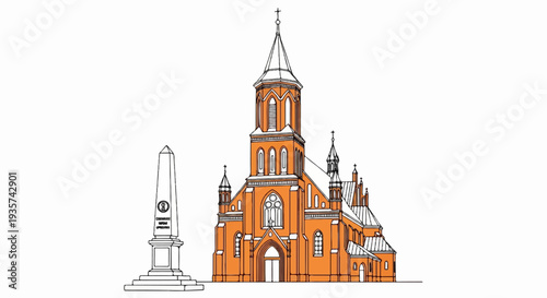A striking orange church with a tall steeple stands beside a slender obelisk monument