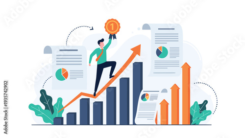 Achievement of business goals showing a successful professional climbing a growth chart while holding a first place trophy.