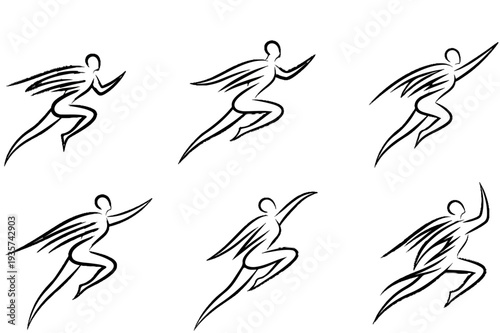Six abstract black brush stroke running figures in dynamic poses
