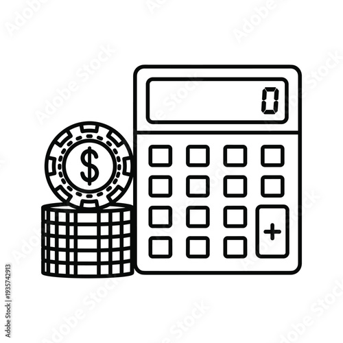 Gambling and financial calculations represented by poker chips, a grid, and a calculator.