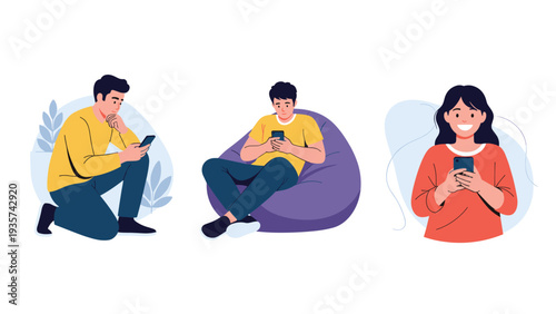 Modern communication showing people in different settings using their smartphones for texting, social media, and browsing.