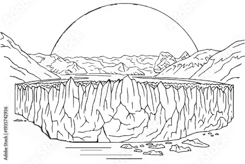 A striking line drawing depicts a colossal glacier fronting a tranquil lake and distant mountains