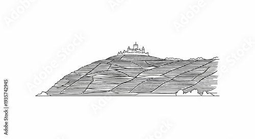 Stylized drawing of a castle atop a terraced hill covered in vines