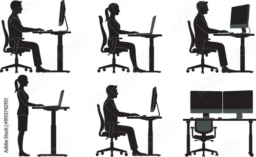 Ergonomic office workstation silhouettes set, sitting and standing people using desktop computer and laptop office workers