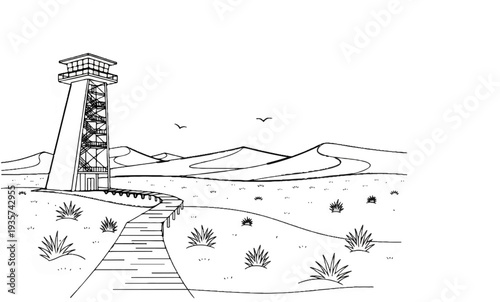 A stark tower stands beside a wooden path in a barren desert landscape
