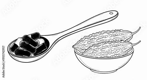 Spoonful of capsules alongside a bowl of bumpy gourds