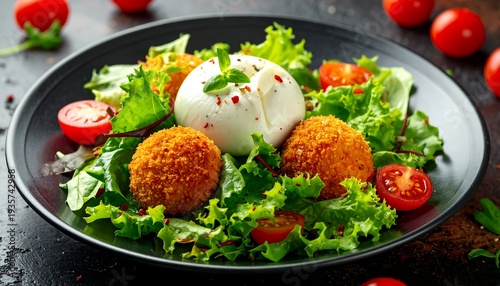Delicious burrata salad with fried mozzarella balls and tomatoes.