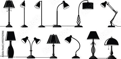 Black silhouette collection of diverse lamp designs, decorative lighting vector icons for interior design, home decor, modern, and traditional styles