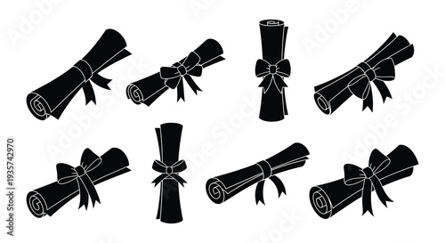 Collection of black and white illustrations depicting rolled parchment scrolls