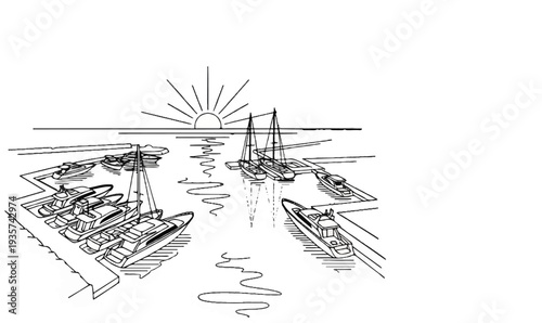 A serene harbor scene with various boats docked under a rising sun