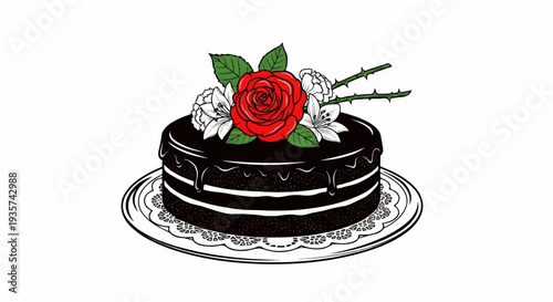 A rich chocolate cake with cascading frosting, adorned with a vibrant red rose and white lilies