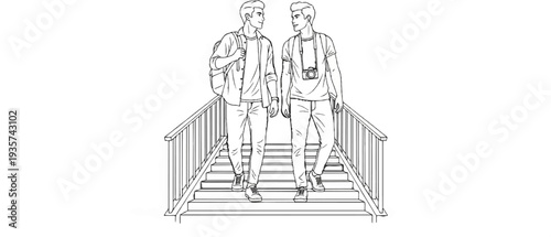 Two young men with backpacks walk down stairs, one with a camera