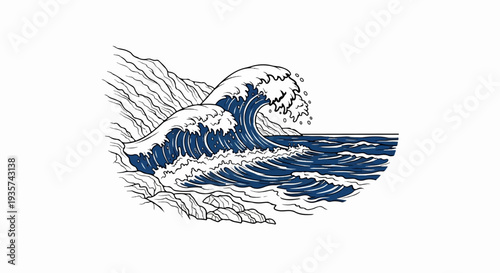 Stylized depiction of ocean waves crashing near rocky shores
