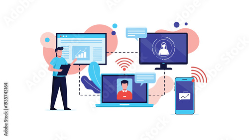 Collaborative digital communication network illustrated with diverse professionals connected through various smart devices and interface screens.