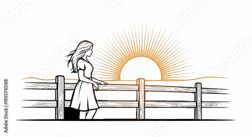 Woman at wooden fence watching sunrise