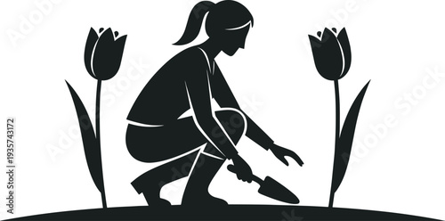 Girl gardening with shovel silhouette, woman planting flowers in garden isolated nature vector illustration concept