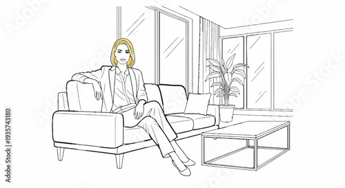 Woman in suit sitting on couch in room with large windows and plant