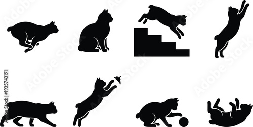 Various playful cat silhouettes showcasing different actions and poses in a vector format