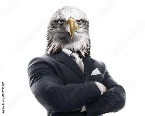 Eagle in a Suit: An eagle, symbolizing strength and vision, stands confidently in a tailored suit, embodying leadership and determination, portraying a unique blend of nature and professional poise.