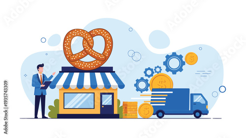 Commercial bakery business concept featuring a large pretzel shopfront, delivery truck, and symbols of operational efficiency for logistics.