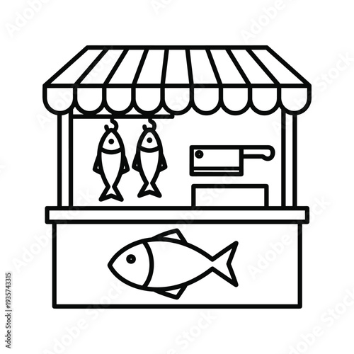 Black and white illustration of a fish market stall with hanging fish and a counter display