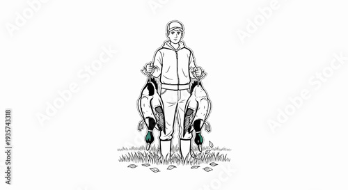 Young hunter proudly displays two freshly caught ducks