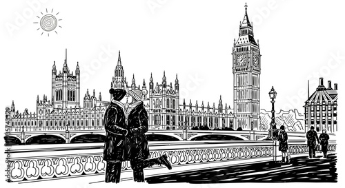 A loving couple shares a romantic kiss on a historic London bridge, with the iconic Houses of Parliament and Big Ben majestically in the background.