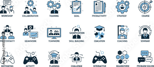 Comprehensive business strategy and professional development icon set featuring teamwork coaching skill building and leadership training symbols for corporate