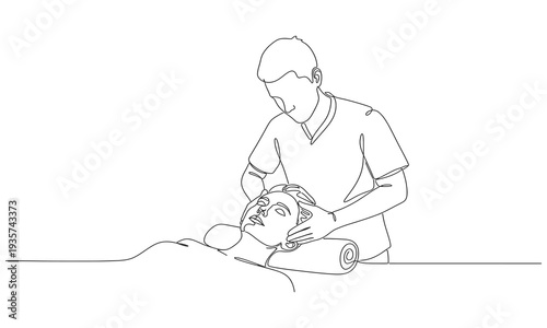 One line drawing of person receiving back massage therapy. Single continuous line drawing man patient lying on the floor masseur therapist doing healing treatment massaging