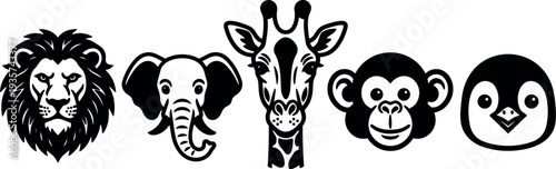 Flat vector animal head icons lion elephant giraffe monkey and penguin in horizontal lineup bold black silhouette front facing clean