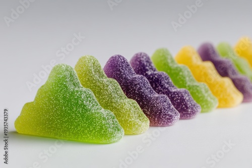 Sugary gummy bears in green purple and yellow candy