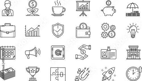 Business finance and success line icons collection with money growth banking investment strategy and corporate management vector illustration set