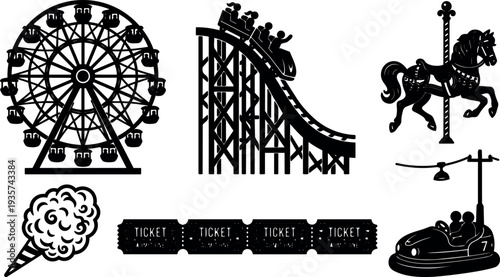 Flat design carnival amusement park icons set featuring ferris wheel roller coaster carousel cotton candy tickets bumper car black silhouettes