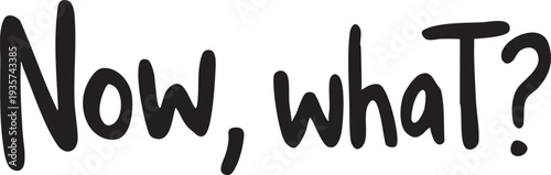 Handwritten phrase 'now what' in black on white background typography design element