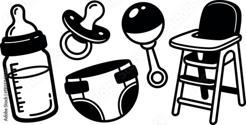 Line art vector close up baby feeding and care icons bottle pacifier rattle diaper high chair bold black outline set