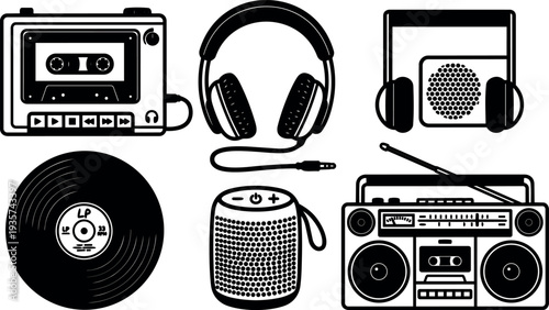 Flat design retro audio device icons cassette player headphones vinyl record boombox portable speaker mp3 player close up silhouette top