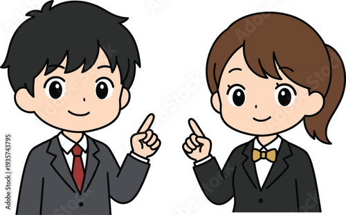 Cartoon boy and girl pointing fingers in business attire