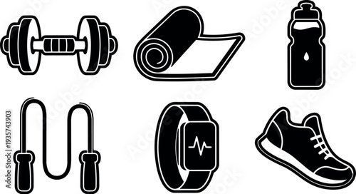 Minimalist icon set of gym equipment dumbbell yoga mat water bottle jump rope fitness tracker running shoe close up black