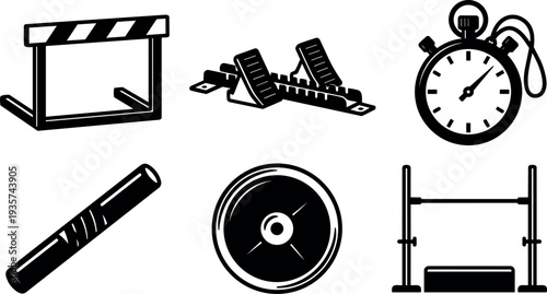 Flat vector sports equipment set hurdle starting blocks stopwatch relay baton weight plate high jump bar athletic icons training gear