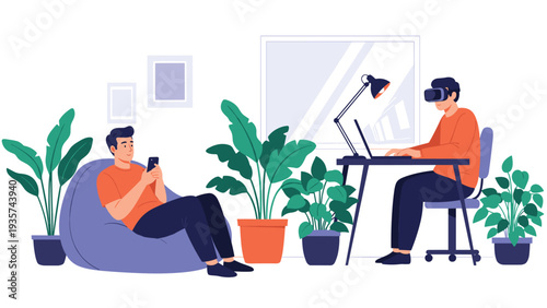 Creative individuals working from home in a space filled with plants, using virtual reality headsets, laptops, and mobile devices for remote tasks.