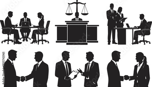 Lawyers and legal business meeting silhouettes, courtroom judge justice scale office consultation vector illustration set