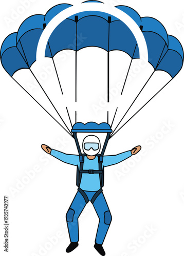 Skydiver parachuting flat vector illustration showing person in blue suit with open parachute for extreme sports and adventure