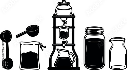 Line art close up cold brew coffee drip tower with scoops coffee bag glass jar and milk pitcher low angle