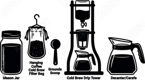 Flat design close up cold brew coffee equipment set hanging filter bag grounds scoop drip tower mason jar decanter silhouette