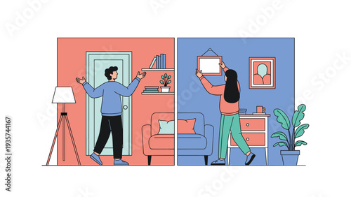 Young couple moving into a new home and decorating the interior by arranging furniture and hanging pictures on the walls of different rooms.